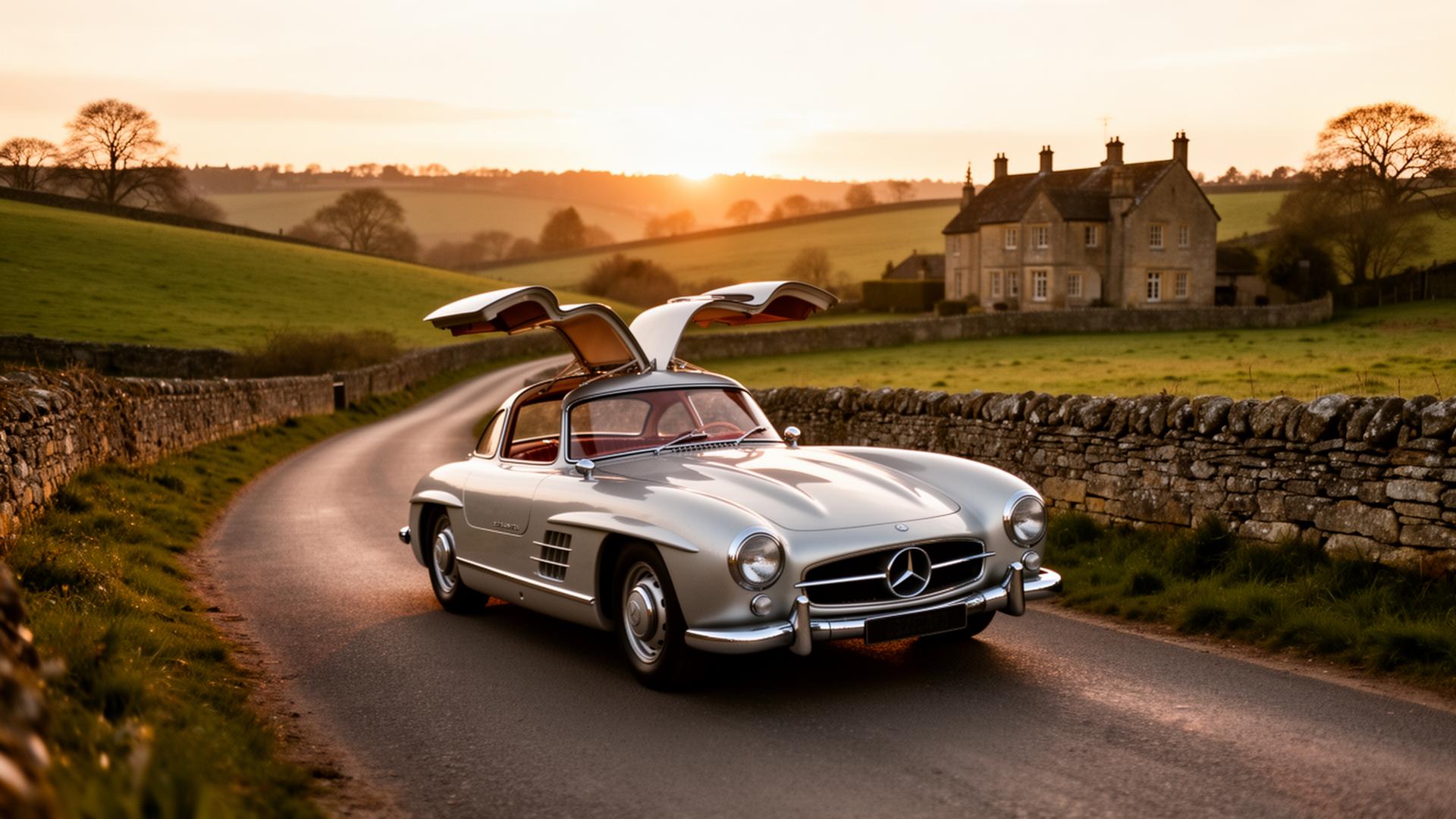 Classic Mercedes-Benz 300 SL Gullwing on a Cotswolds country road at sunset