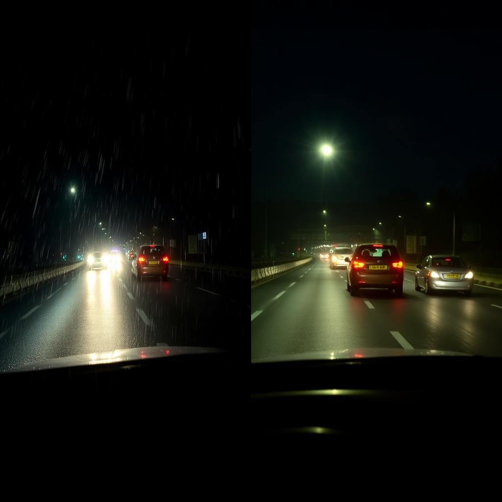 Side-by-side comparison of night driving with and without VisionDrive glasses